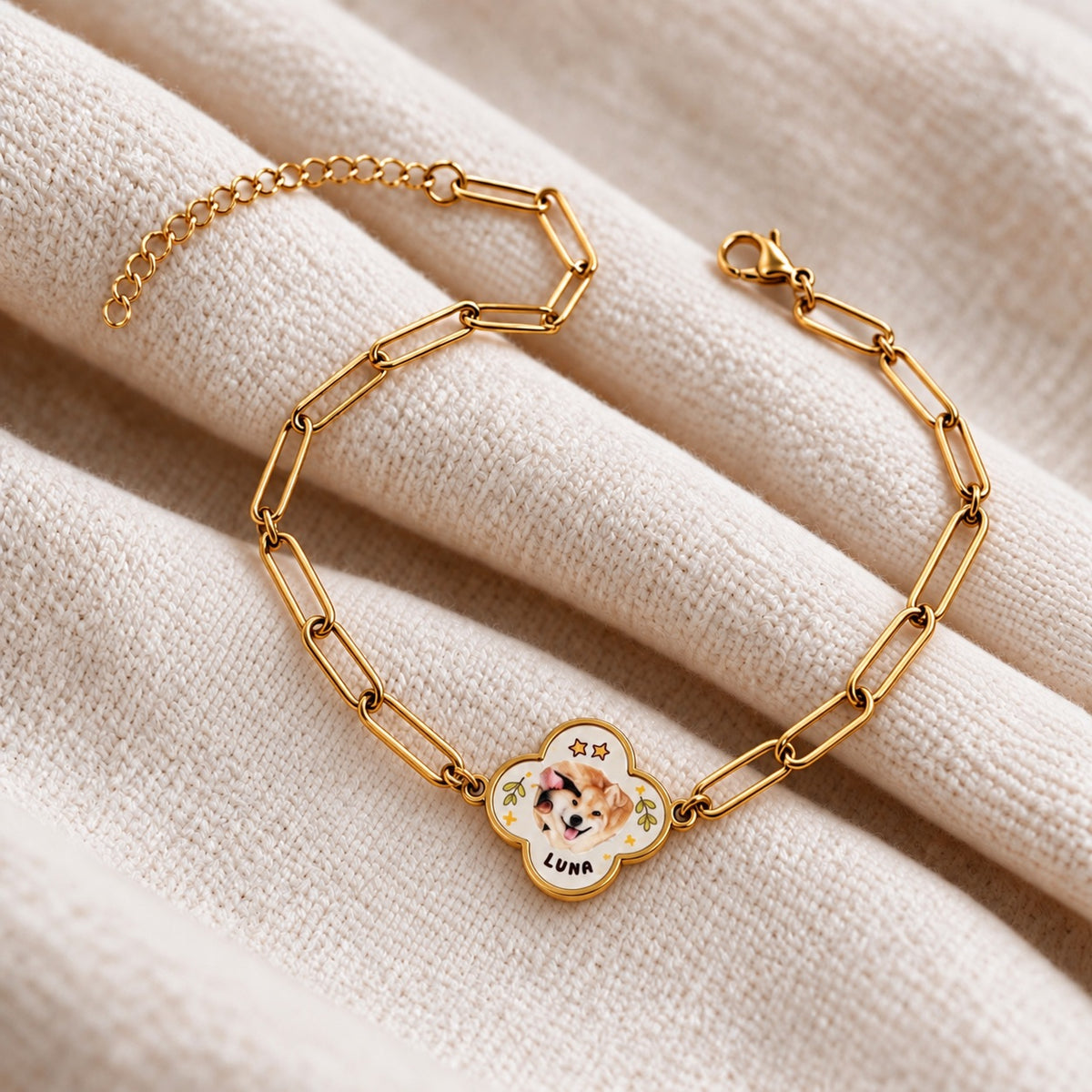 Gold-tone custom mother-of-pearl clover pet portrait chain bracelet with dog photo and name LUNA