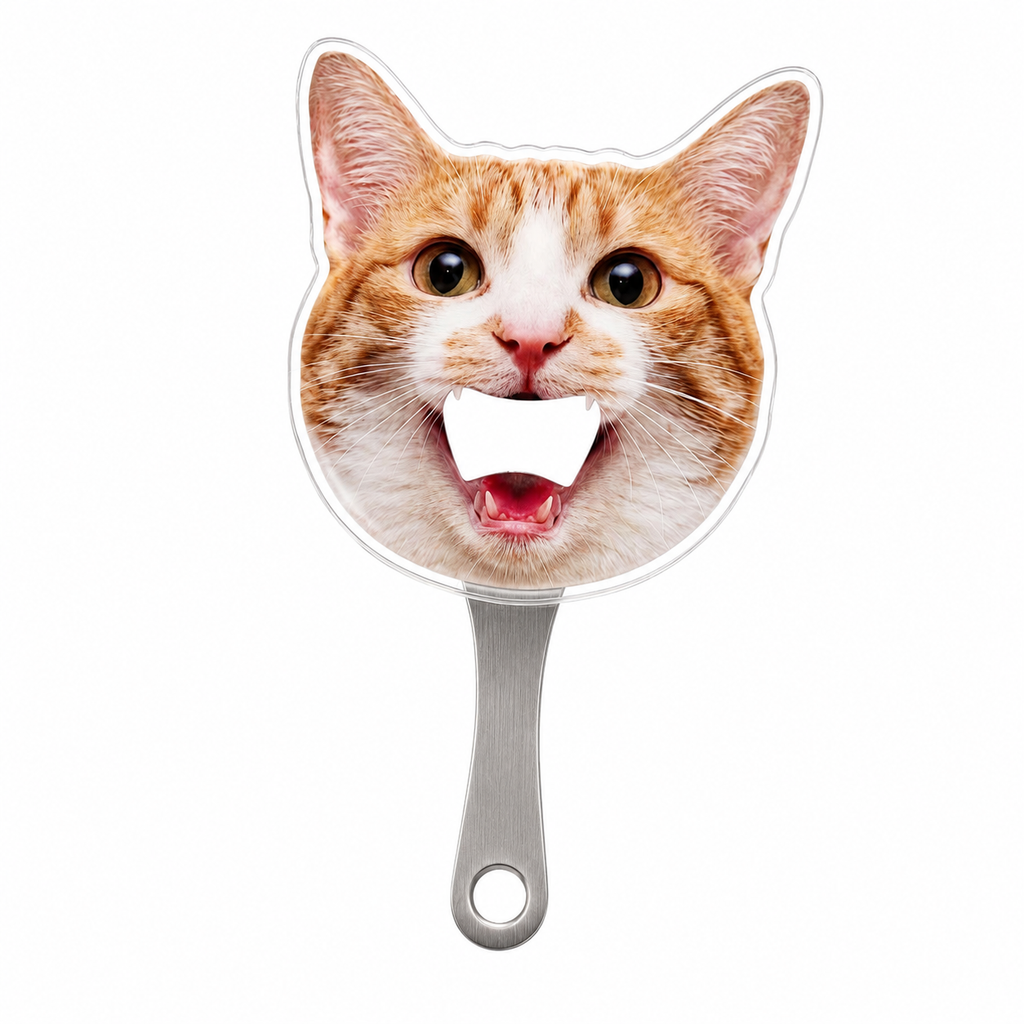 A standalone custom magnetic bottle opener featuring a hilarious open-mouth photo of an orange and white cat.