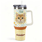 Light handled custom tumbler printed with an orange cat portrait and pale blue plaid pattern