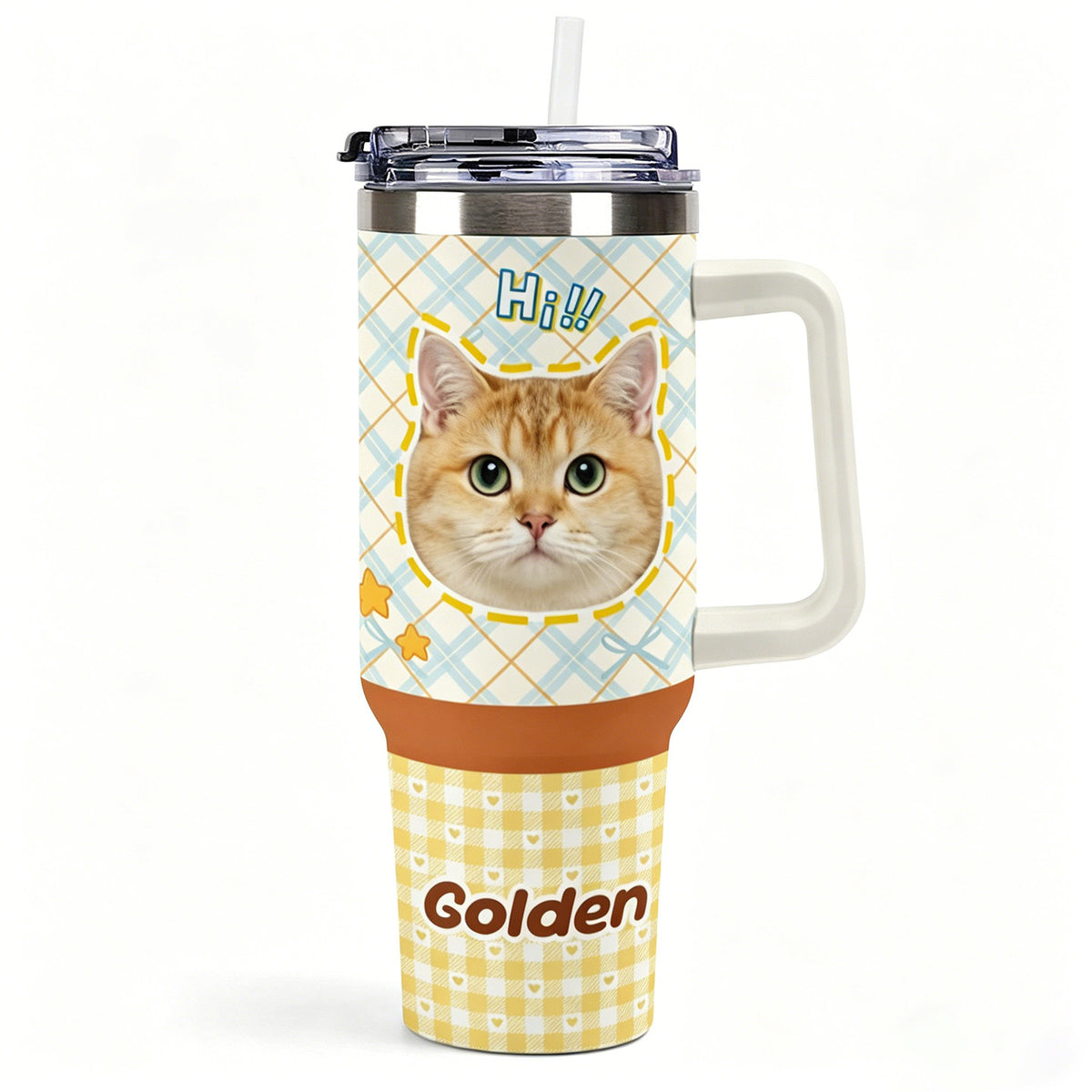 Light handled custom tumbler printed with an orange cat portrait and pale blue plaid pattern