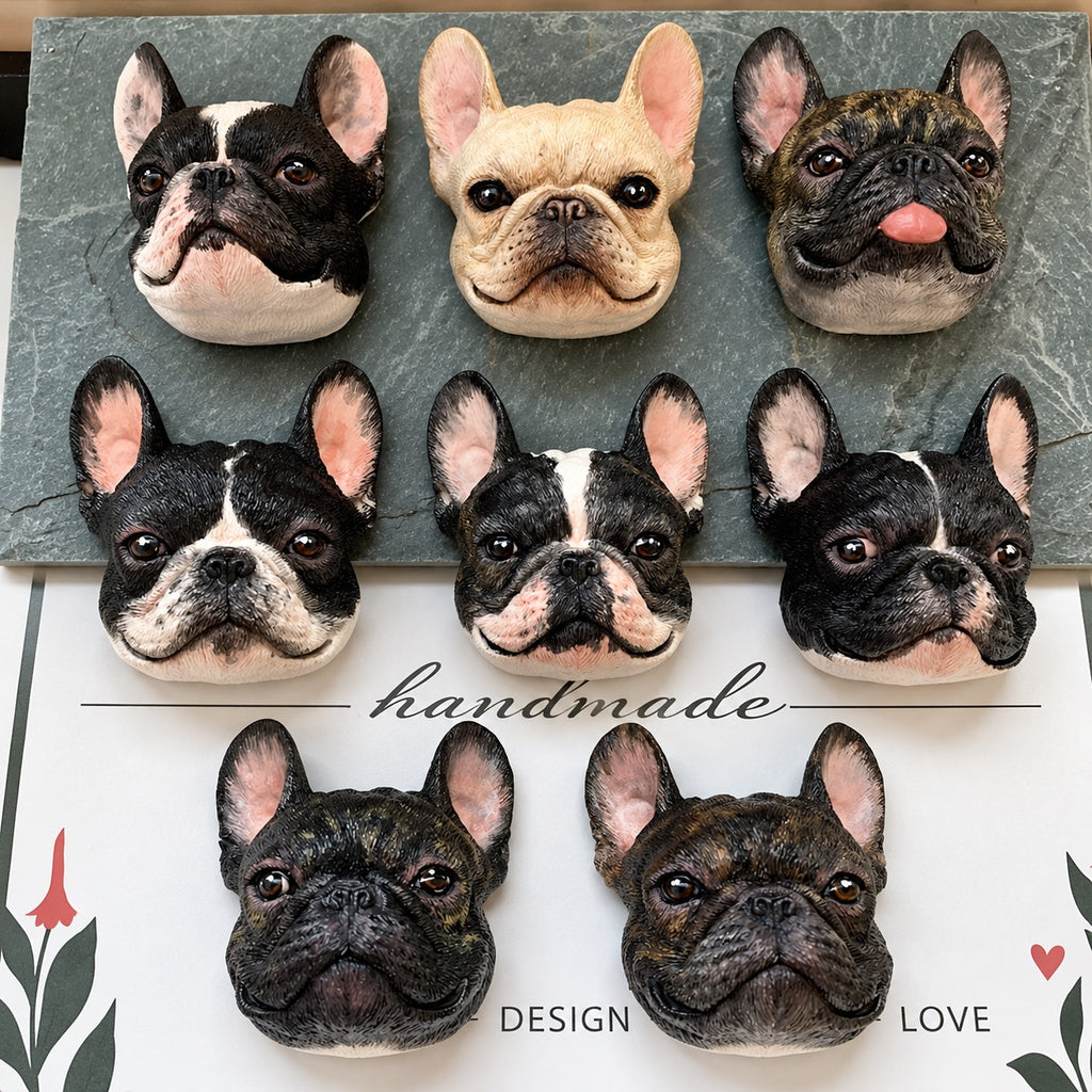 Eight custom-painted French Bulldog portrait pendant examples with different colors and expressions