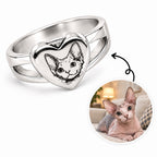 Personalized silver pet memorial ashes ring featuring an engraved Sphynx cat portrait with pet photo comparison.