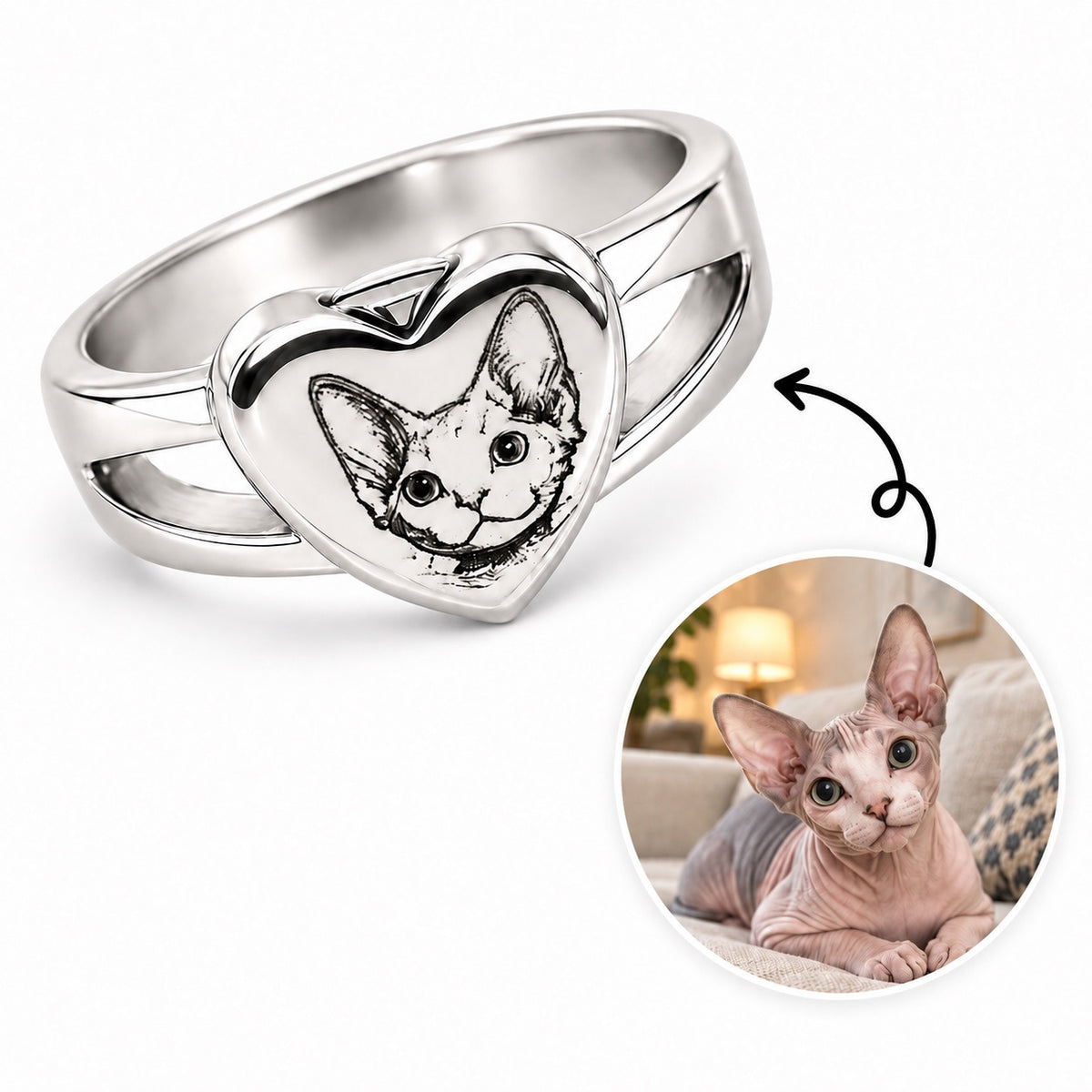 Personalized silver pet memorial ashes ring featuring an engraved Sphynx cat portrait with pet photo comparison.