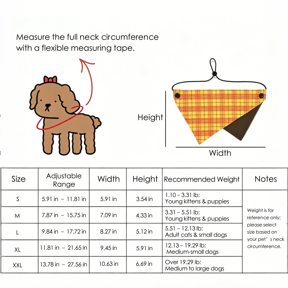 A comprehensive size chart guide for the custom pet bandana with photo and name, showing dimensions from S to XXL with a dog neck measurement illustration.