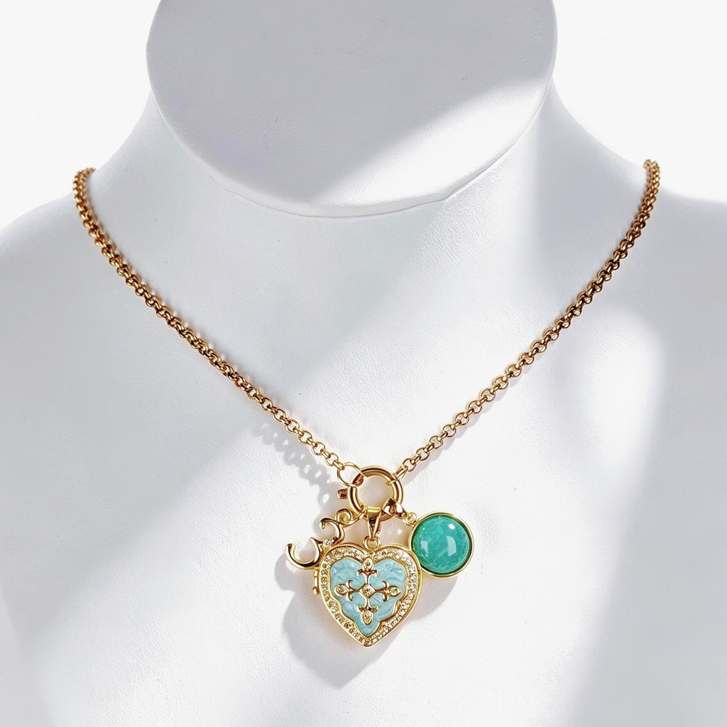 Owner and dog wearing a custom pet photo locket necklace and collar