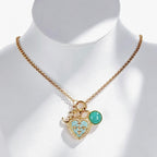 Owner and dog wearing a custom pet photo locket necklace and collar