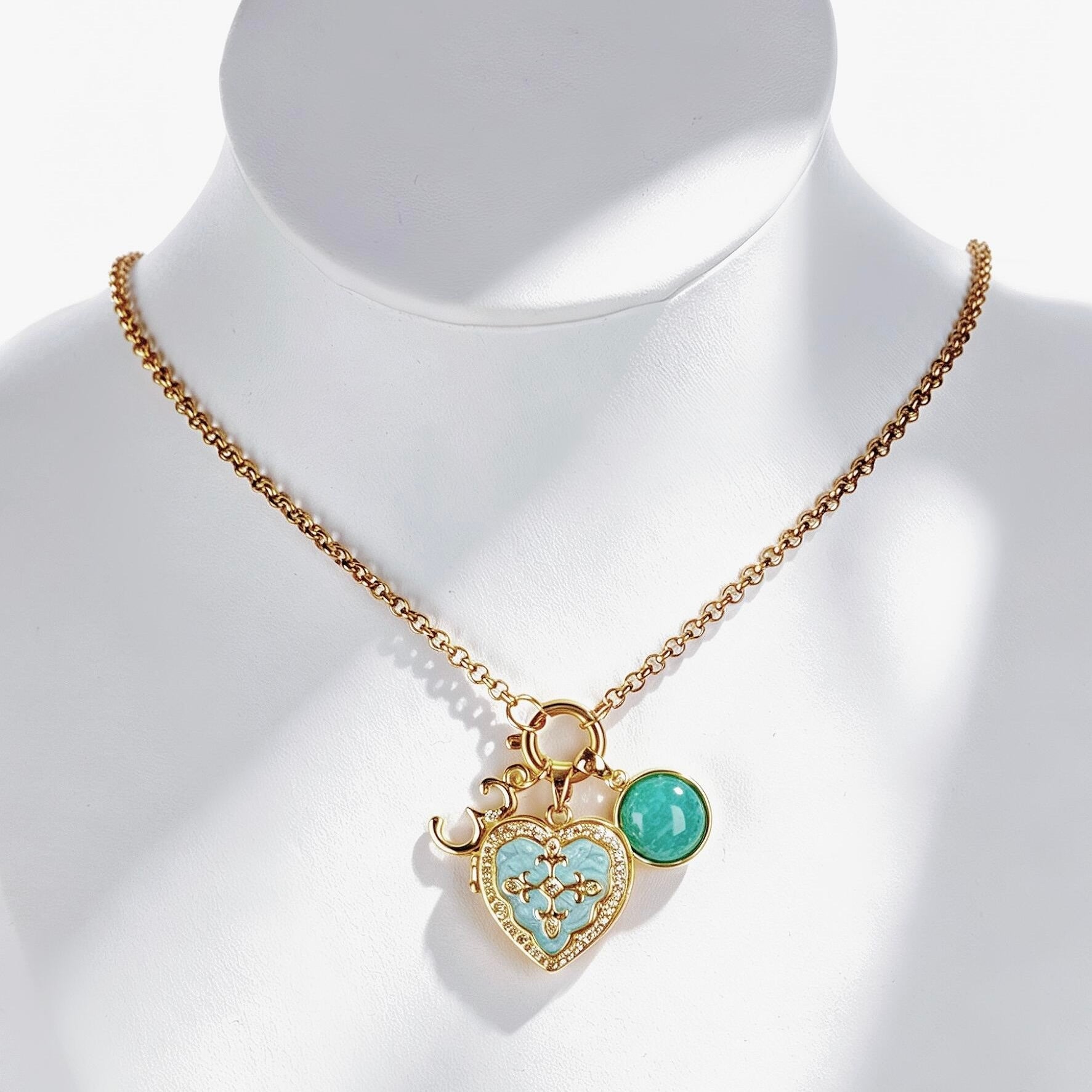Owner and dog wearing a custom pet photo locket necklace and collar
