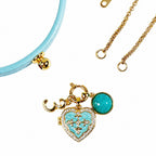 Custom shared human-pet jewelry featuring a blue heart photo locket, gold chain, natural birthstone charm, and lucky number 3.