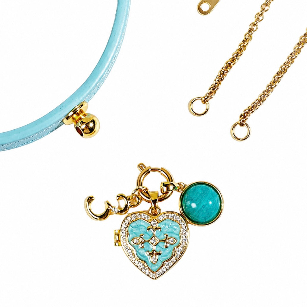 Custom shared human-pet jewelry featuring a blue heart photo locket, gold chain, natural birthstone charm, and lucky number 3.