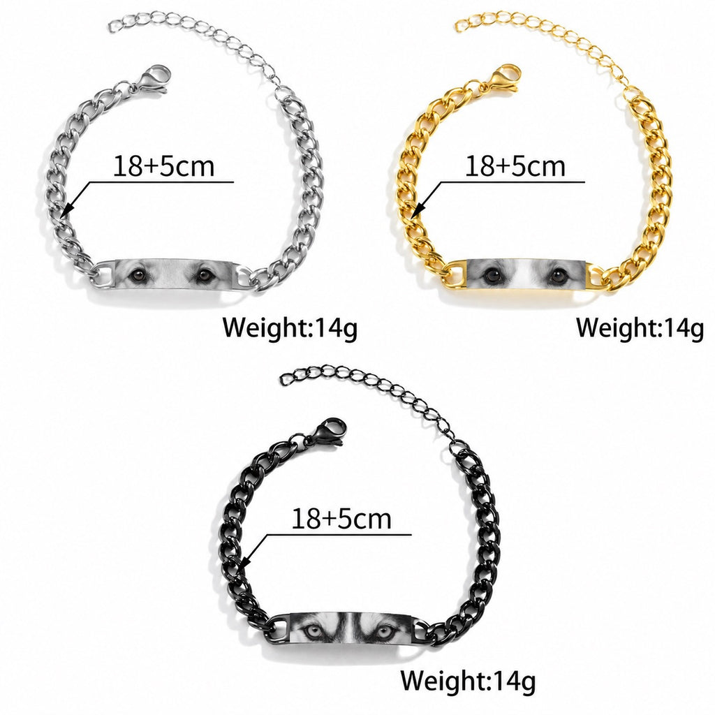 Personalized pet eyes bracelets in silver-tone, gold-tone and black with 7.09-inch chains, 1.97-inch extenders and 0.49-ounce weight