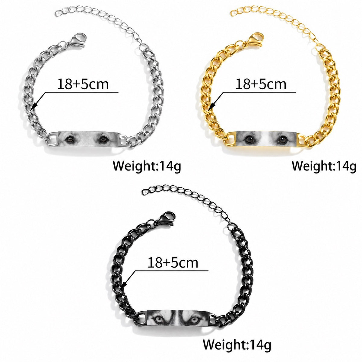 Personalized pet eyes bracelets in silver-tone, gold-tone and black with 7.09-inch chains, 1.97-inch extenders and 0.49-ounce weight