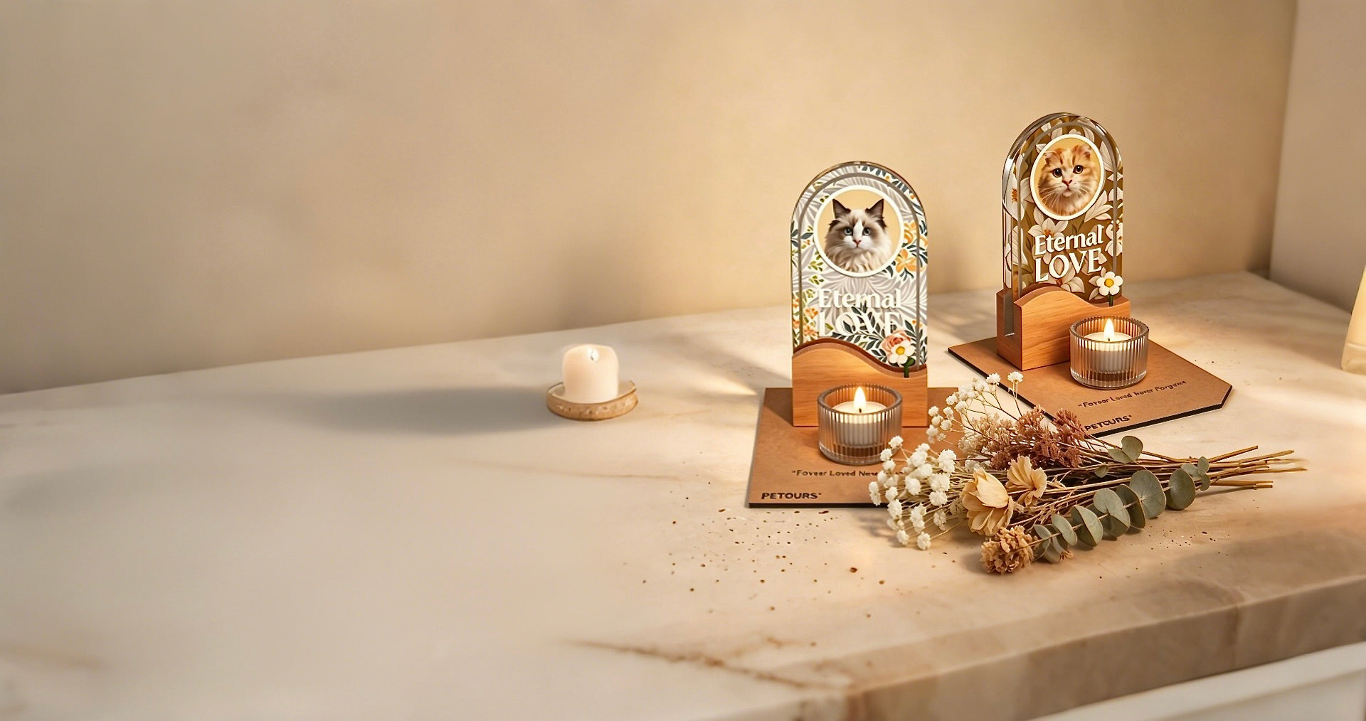 Two arched custom pet glass portrait plaques featuring hand-painted cat illustrations on wooden bases with lit candles and dried flowers, showcasing a personalized tabletop pet loss memorial display.