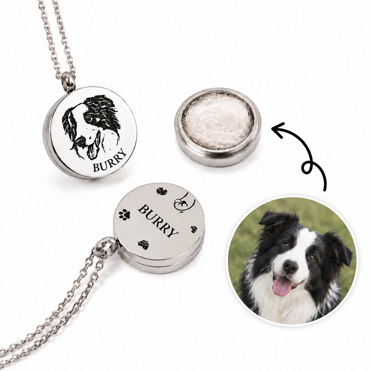 Personalized pet fur keepsake pendant with custom engraved dog portrait and openable fur storage compartment.