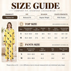 Pajama size chart listing S and M top and pants measurements in inches