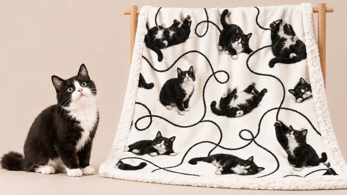 Personalized pet photo blanket featuring playful portraits of a black and white tuxedo cat on a soft white fleece blanket, displayed beside the matching cat.
