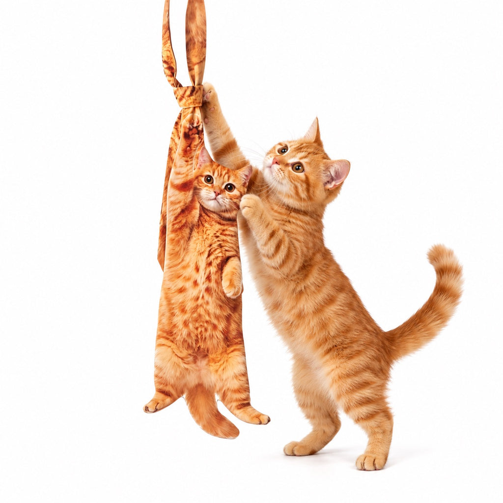 Personalized pet photo necktie featuring an orange tabby cat print, displayed beside a matching ginger cat playfully reaching for the tie.