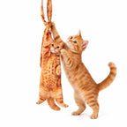 Personalized pet photo necktie featuring an orange tabby cat print, displayed beside a matching ginger cat playfully reaching for the tie.