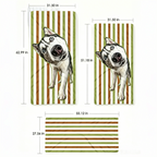 An infographic displaying different size options in inches for a personalized dog beach towel with photo, featuring a cool Husky portrait on striped backgrounds.
