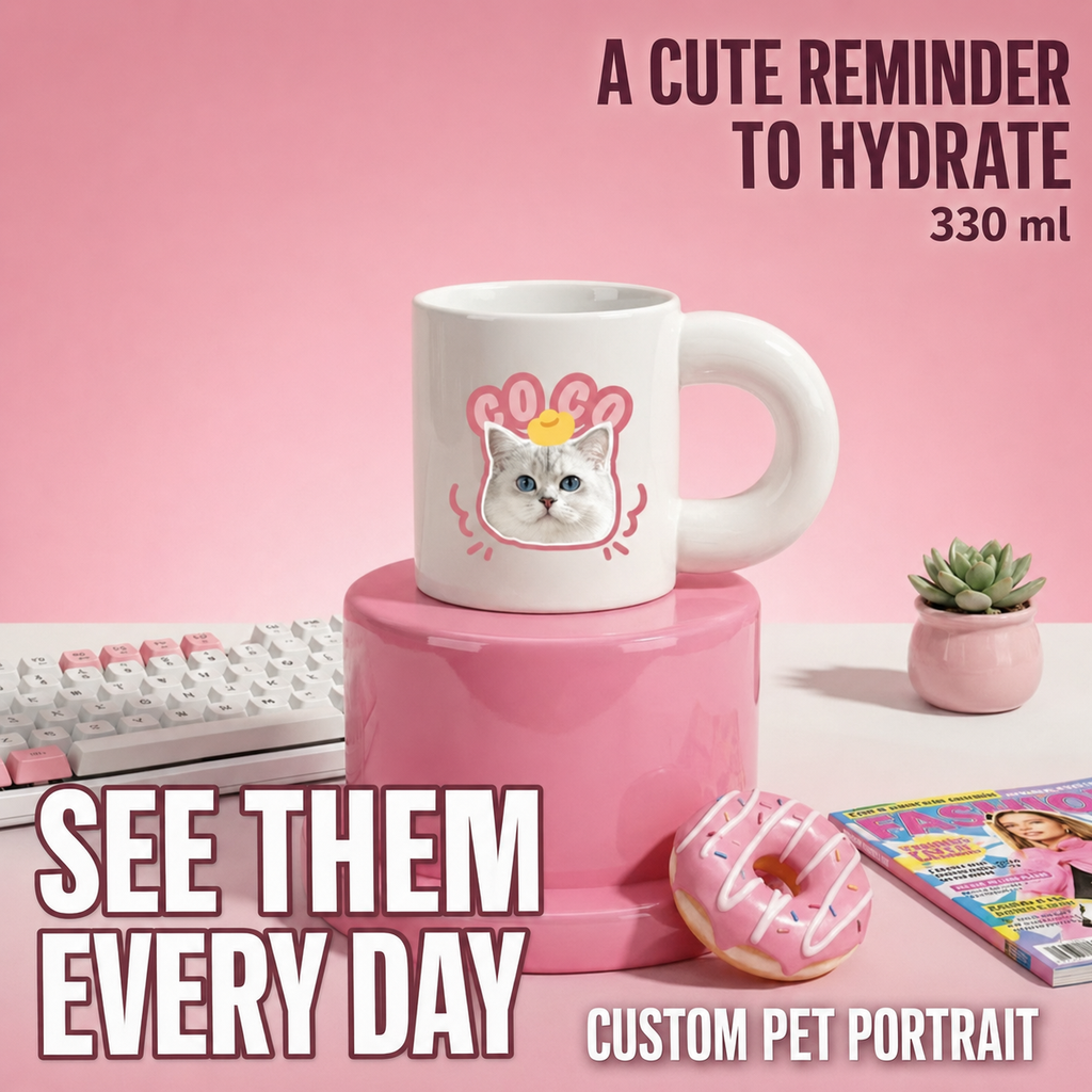An infographic showcasing a custom pet portrait ceramic mug with a cute white cat design, featuring the text A Cute Reminder to Hydrate 330 ml on a pink aesthetic desk setting.