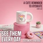 An infographic showcasing a custom pet portrait ceramic mug with a cute white cat design, featuring the text A Cute Reminder to Hydrate 330 ml on a pink aesthetic desk setting.