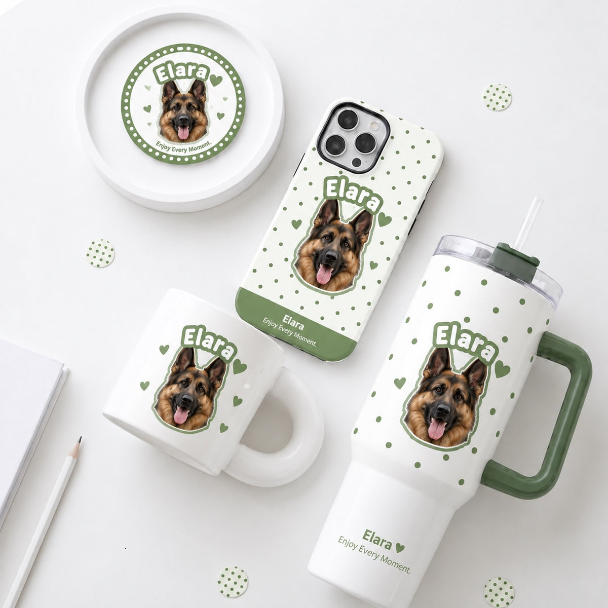 Custom pet portrait gift set in green pattern featuring personalized pet photo mug, travel tumbler, phone case, and pin badge.