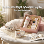 Custom pet portrait gift set including a personalized cat photo mug, travel tumbler, phone case, and badge in a pink gift box next to a cute white cat.