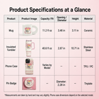 Product specifications and size chart for the custom pet portrait gift set, detailing dimensions and materials for the personalized ceramic mug, stainless steel insulated tumbler, phone case, and pin badge.