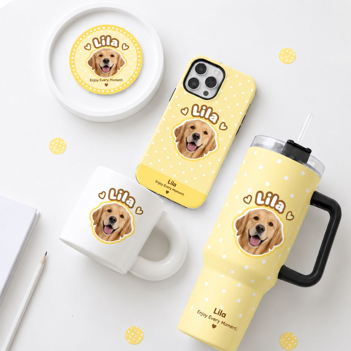 Custom pet photo gift set in yellow pattern featuring personalized pet mug, tumbler, phone case, and matching pin badge.