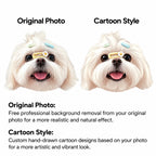 Style guide comparing original photo background removal with hand-drawn cartoon style for custom pet portrait rug