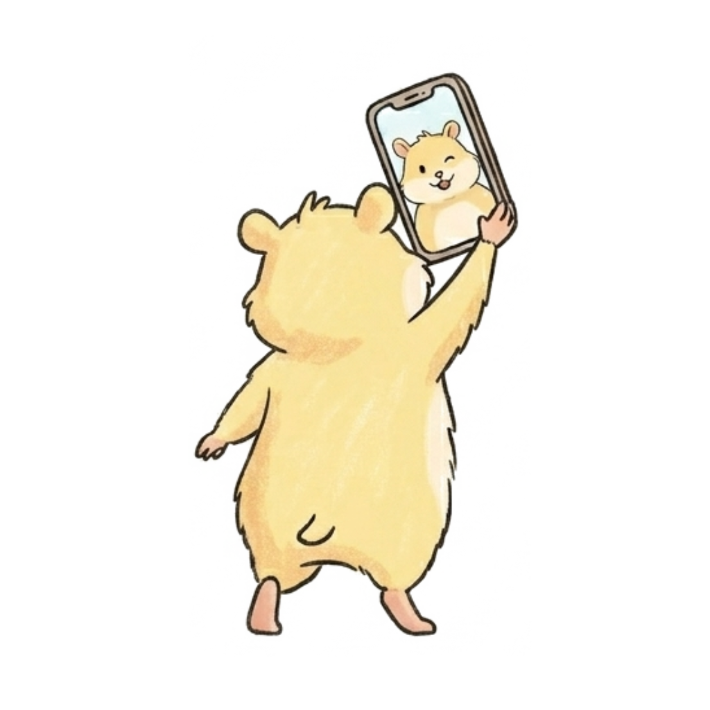 A retro cartoon hamster illustration holding a smartphone to upload a photo, representing the step-by-step ordering process for a custom pet portrait.