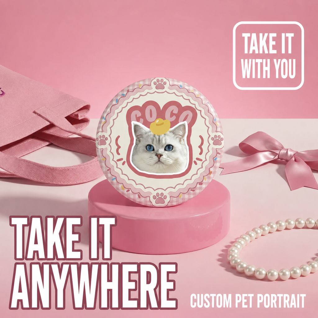 A custom pet portrait pin badge featuring a personalized cat photo button with a cute white cat design named COCO, highlighted by the text Take It Anywhere on a pink aesthetic background.
