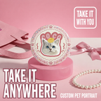 A custom pet portrait pin badge featuring a personalized cat photo button with a cute white cat design named COCO, highlighted by the text Take It Anywhere on a pink aesthetic background.