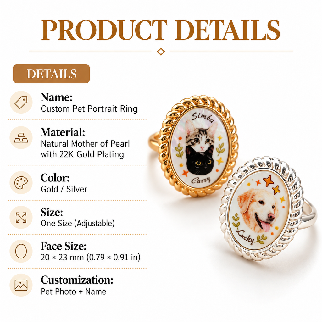 Product details for adjustable gold and silver mother-of-pearl pet portrait rings with 20 by 23 mm faces