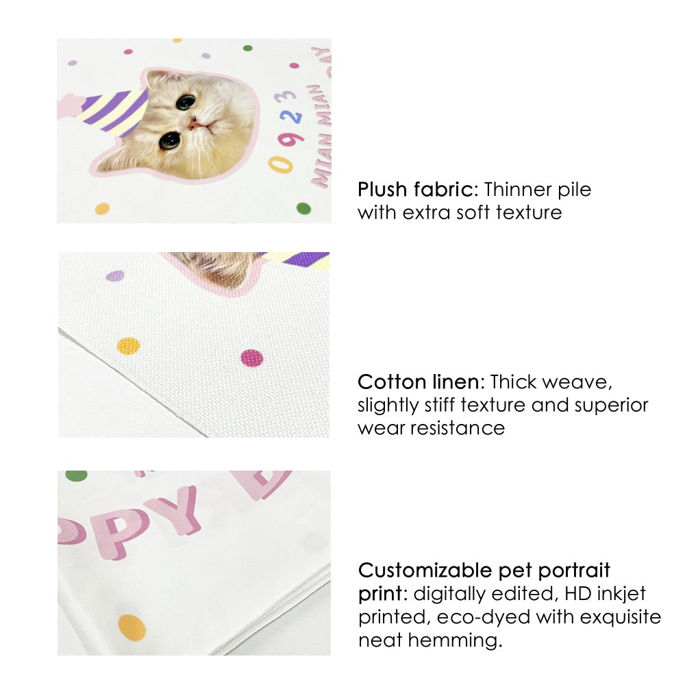 A product quality guide for personalized pet photo wall tapestries, highlighting the eco-dyed HD inkjet print realism and exquisite neat hemming details.