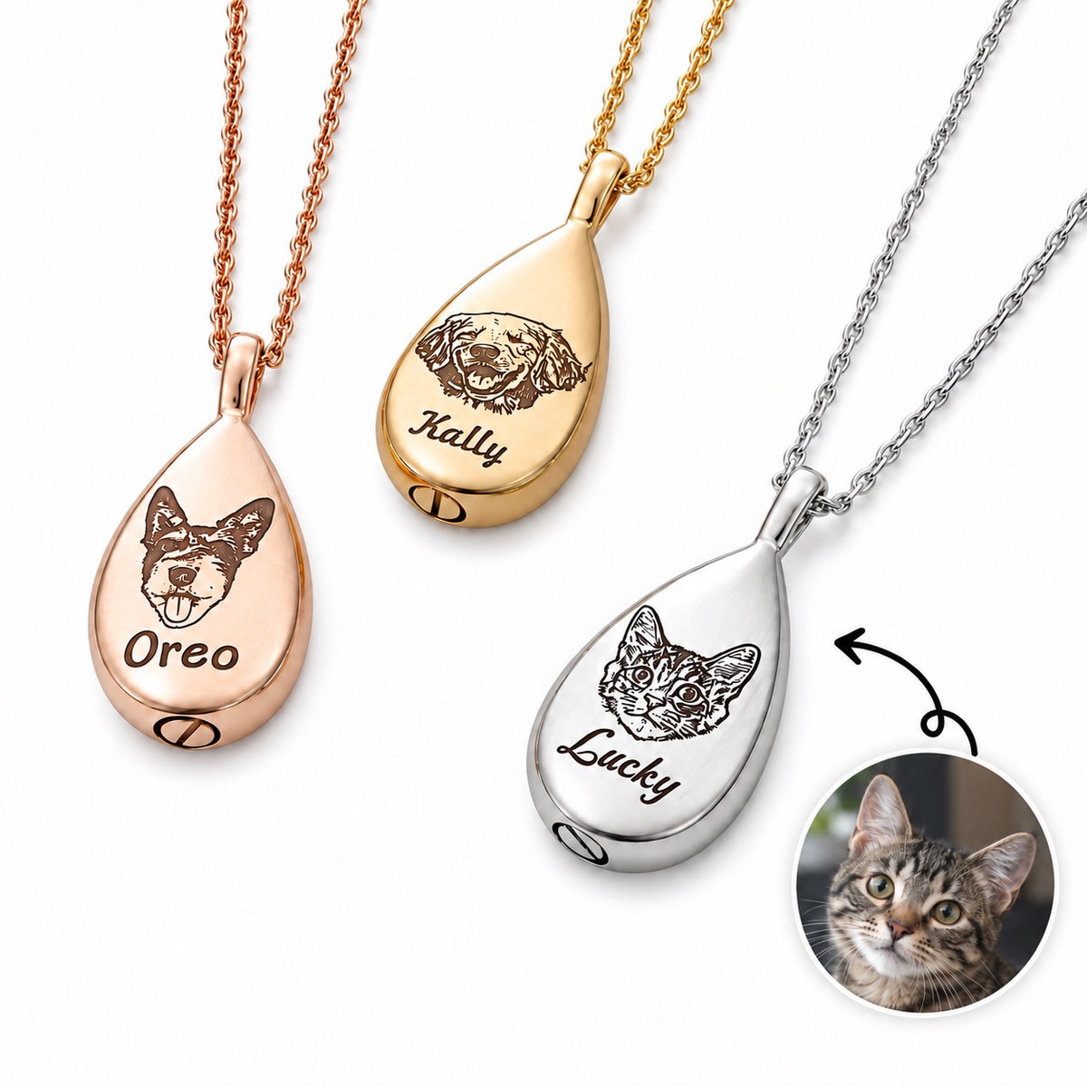 Personalized pet ashes pendant necklaces in rose gold, gold, and silver with custom engraved pet portraits and names.