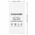 Custom photo microfiber towel size guide showing 35 x 73 cm (13.8 x 28.7 in) dimensions with customizable options for color, pattern, people, and pets.