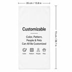 Custom photo microfiber towel size guide showing 35 x 73 cm (13.8 x 28.7 in) dimensions with customizable options for color, pattern, people, and pets.