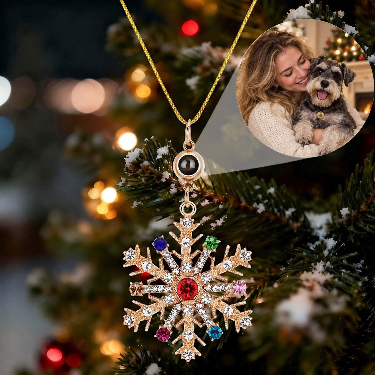 Gold-tone jeweled snowflake photo projection necklace with a personalized woman and dog image