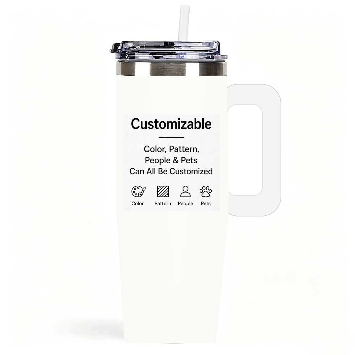 White tumbler customization graphic stating that color, pattern, people and pets can be customized