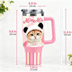 Dimension graphic for a custom cat tumbler showing cup height, top width, base width and straw length