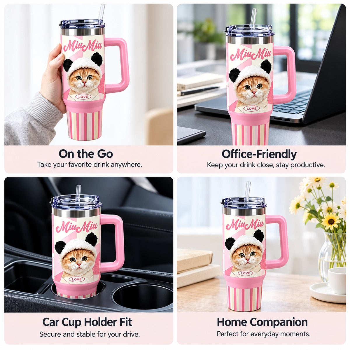 Four-panel collage showing a pink custom cat tumbler held in hand and displayed at a desk, in a car cup holder and at home