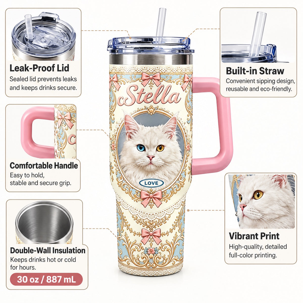 Feature graphic of a custom white cat tumbler with handle, straw, lid and stainless steel interior shown in close-up