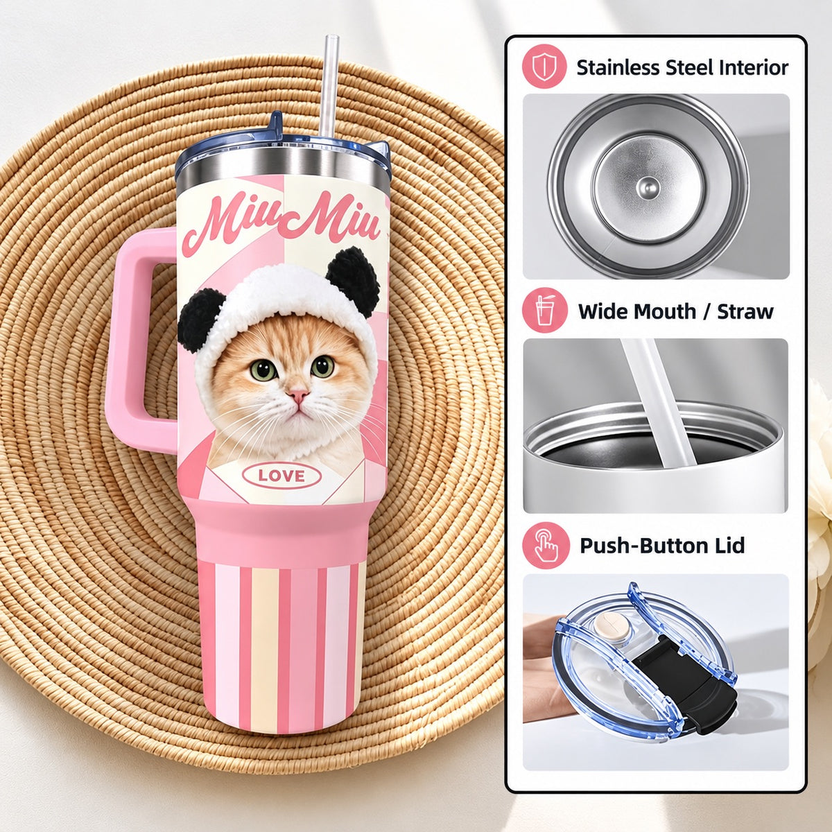 Pink custom cat tumbler with close-up panels of the stainless steel interior, straw opening and lid mechanism