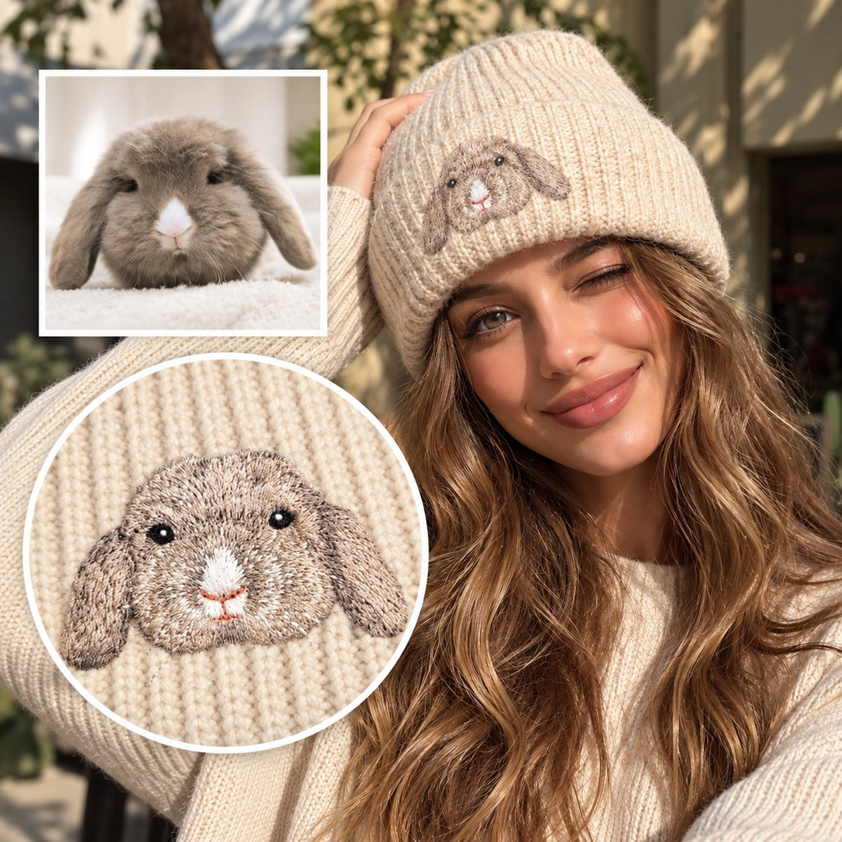 Woman wearing a beige knit beanie embroidered from a gray lop rabbit photo, with reference image and stitch detail
