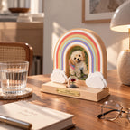 Custom Rainbow Bridge dog memorial with photo, rose fur keepsake and message plate displayed on a desk