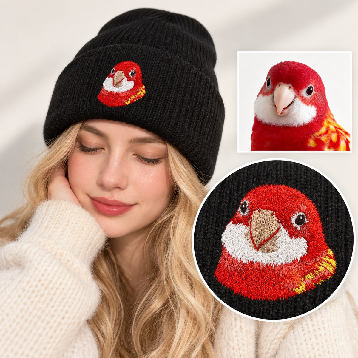 Woman wearing a black knit beanie embroidered from a red parrot photo, with the reference image and stitch detail