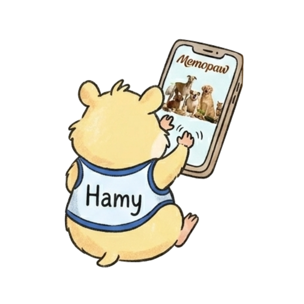 A custom retro cartoon pet magnet design featuring a hand-drawn hamster illustration holding a smartphone, showcasing a personalized ceramic refrigerator pet keepsake from photo.