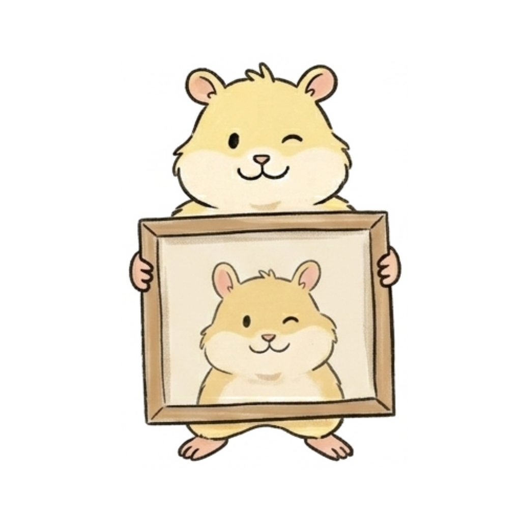 A custom retro cartoon pet portrait illustration of a cute hamster holding a picture frame of its own drawing, showcasing a personalized hand-drawn pet character from photo.