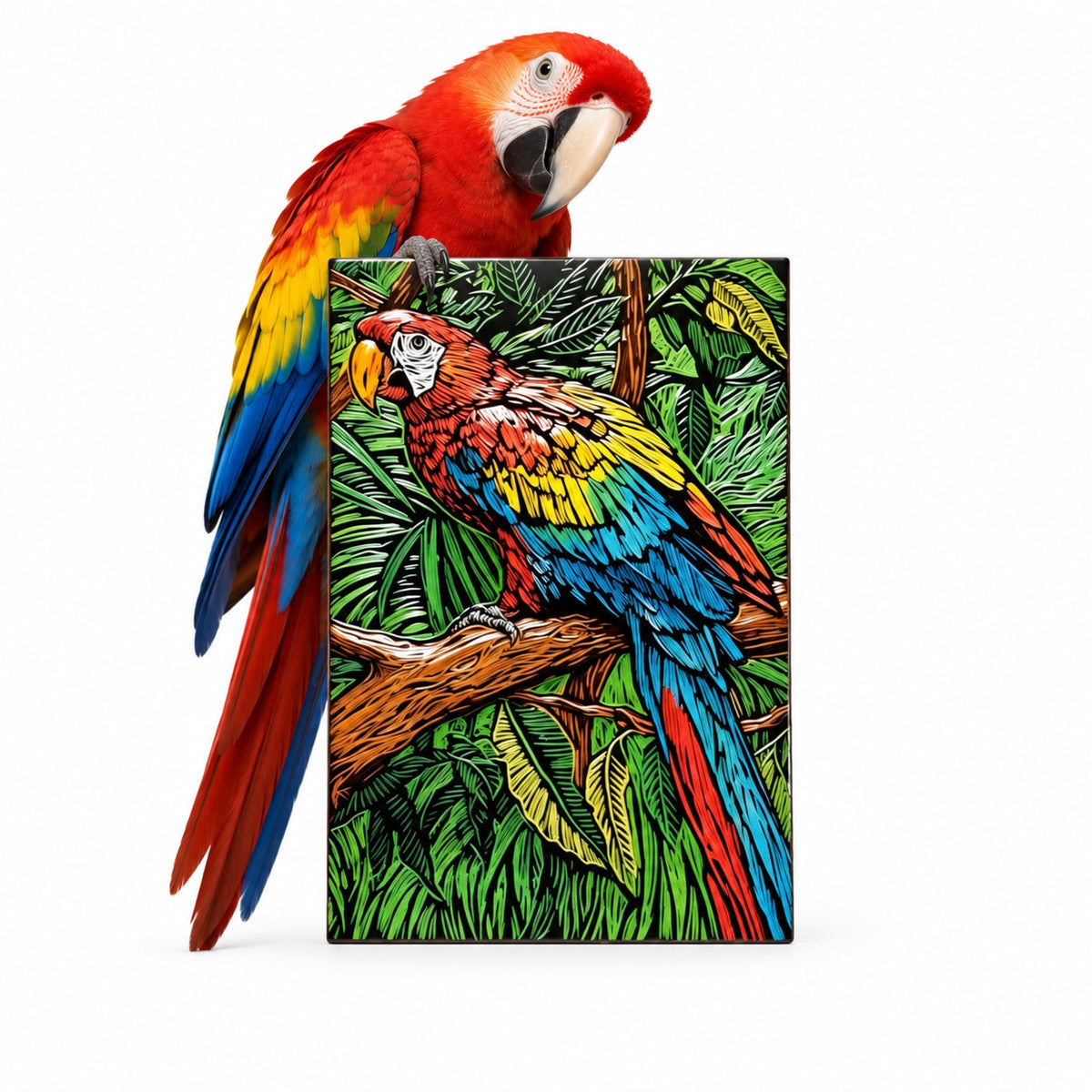Personalized vintage linocut style parrot art illustration and custom woodcut print next to a real scarlet macaw.