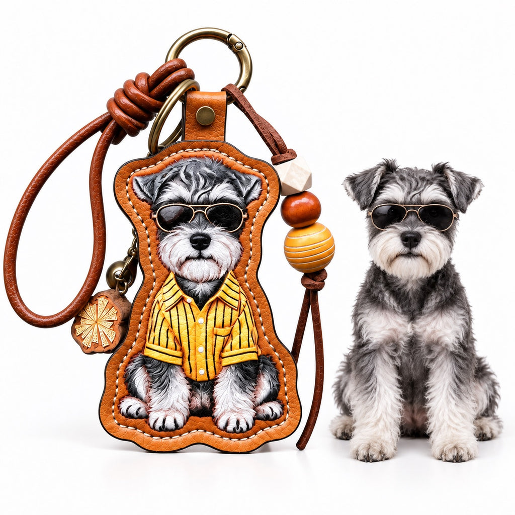 Personalized pet photo leather bag charm and keychain featuring a custom Schnauzer dog portrait with real dog comparison.
